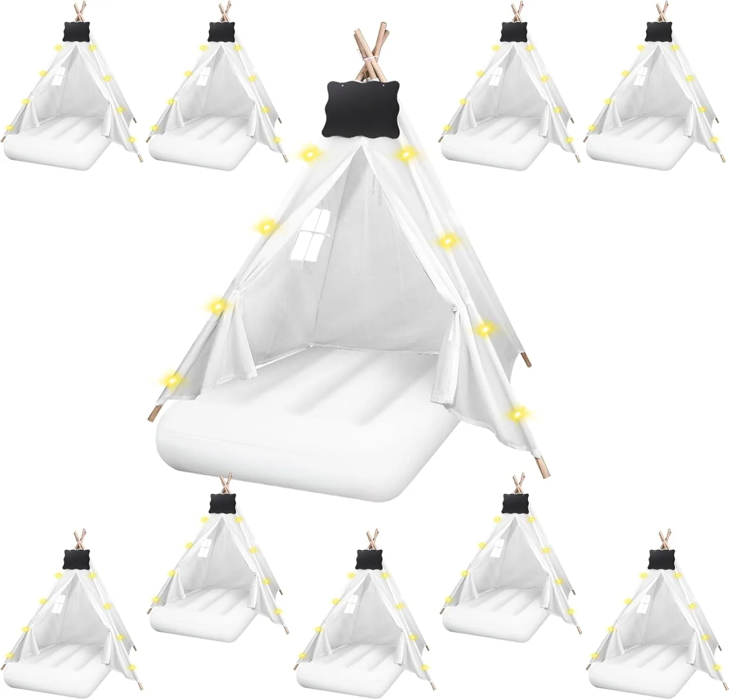 10 Pcs Kids Teepee Tent Bulk with Light String Inflatable Airbed Bedding Fitted Sheet and Markeable Small Blackboards for Boys Girls Indoor Outdoor Slumber Party (White)