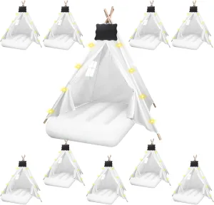 10 Pcs Kids Teepee Tent Bulk with Light String Inflatable Airbed Bedding Fitted Sheet and Markeable Small Blackboards for Boys Girls Indoor Outdoor Slumber Party (White)