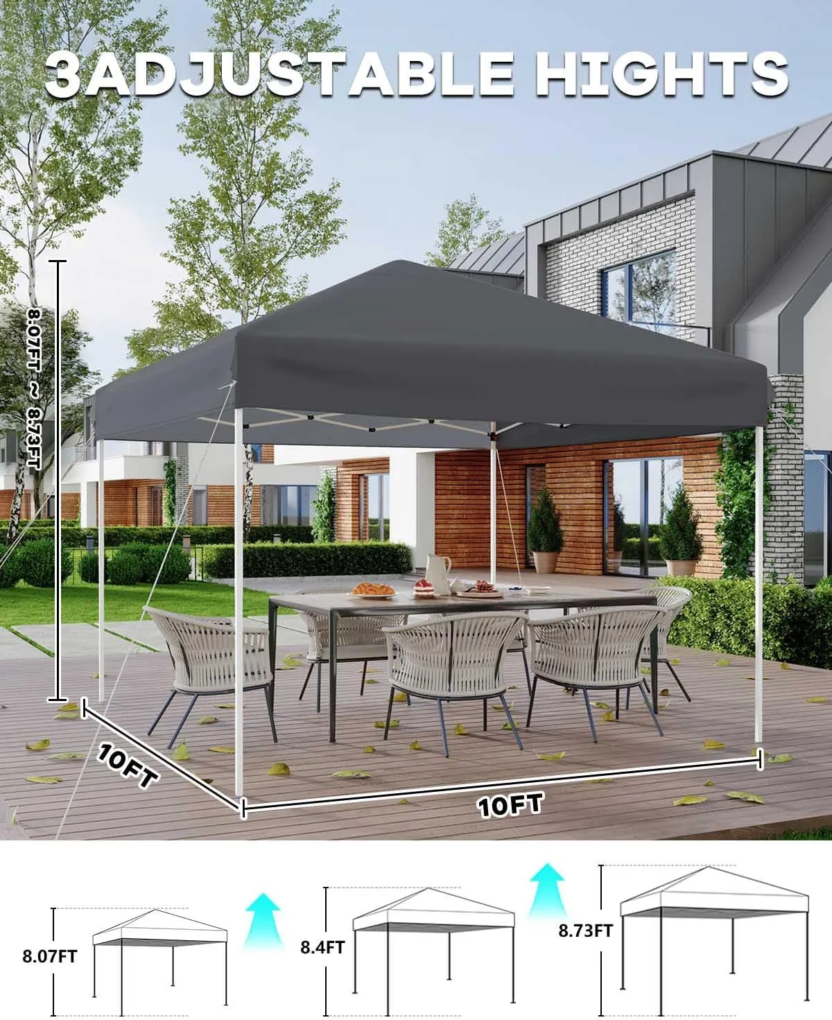 10x10 Pop Up Canopy Tent, Outdoor Canopy Tent with 3 Adjustable Height, Easy Set Up Canopy with 4 Sandbags & Carrying Bag for Camping, Parties,Outdoor Events - Gray