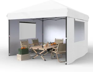 10'x10' Pop Up Canopy – Waterproof & UV-Resistant Outdoor Canopy with Center Lock and 3 Sidewalls, for Picnics, Camping, Beach Tent, and Outdoor Gatherings,White