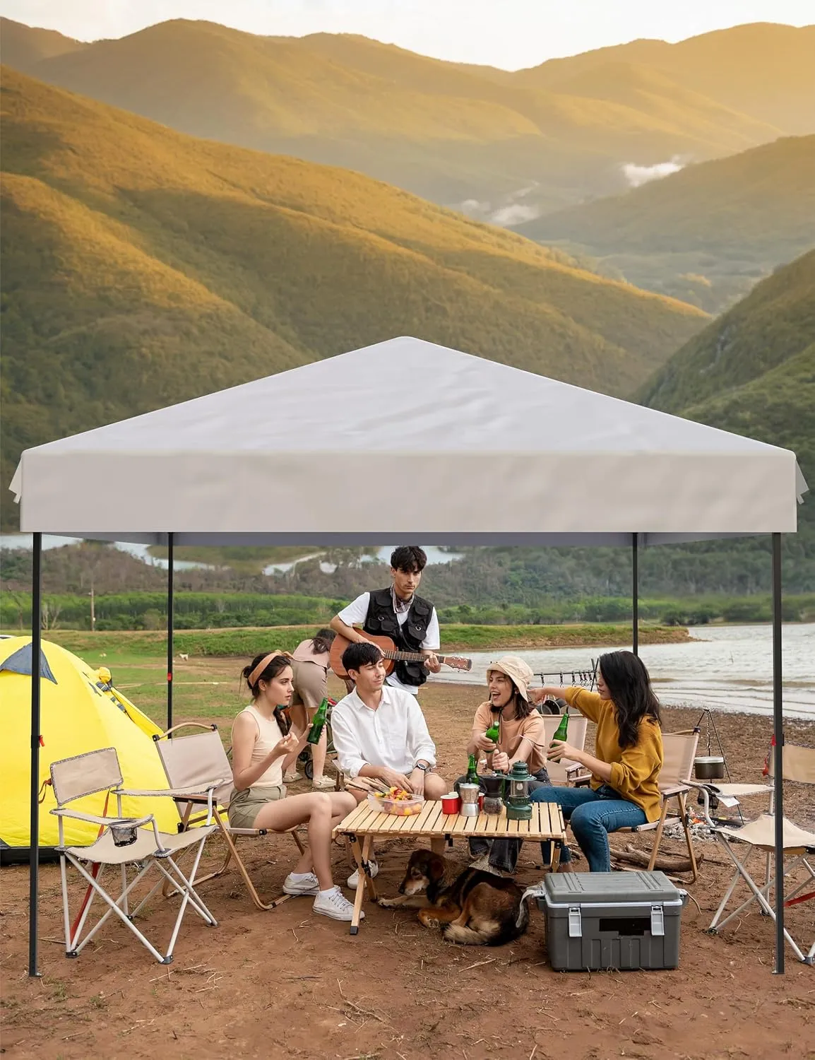 10'x10' Pop Up Canopy – Waterproof & UV-Resistant Outdoor Canopy with Center Lock and 3 Sidewalls, for Picnics, Camping, Beach Tent, and Outdoor Gatherings,White