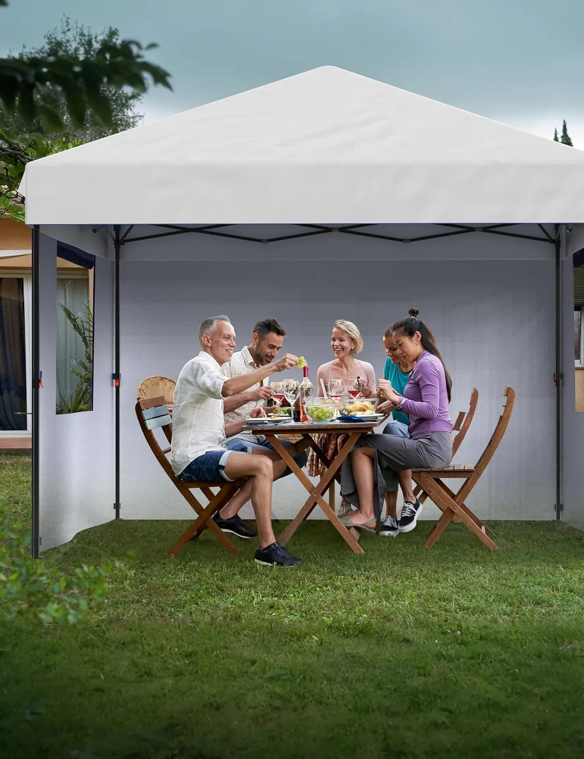 10'x10' Pop Up Canopy – Waterproof & UV-Resistant Outdoor Canopy with Center Lock and 3 Sidewalls, for Picnics, Camping, Beach Tent, and Outdoor Gatherings,White