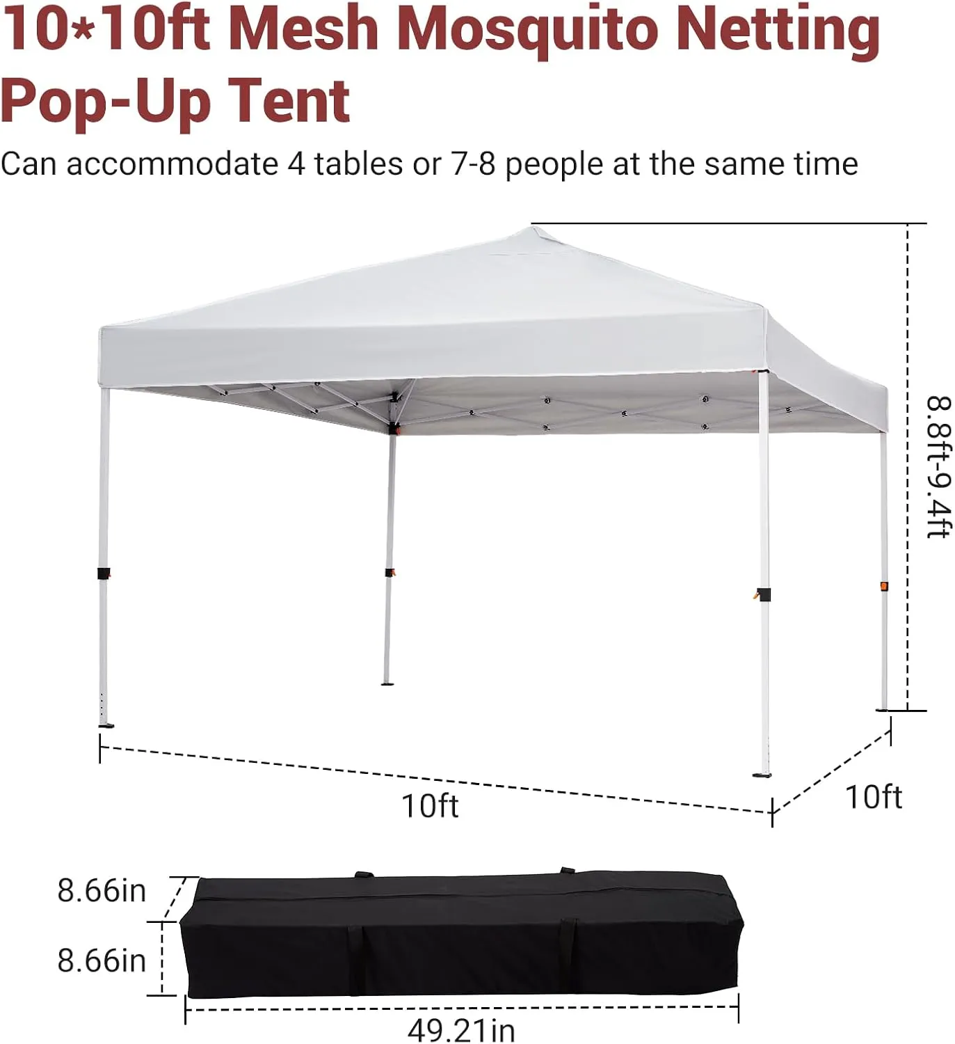 10x10 Pop Up Canopy with Ten, Beach Tent with One Push Setup, Waterproof Outdoor Beach Canopy, Pop-Up Sun Shelter Canopy with Wheeled Bag for Parties, Beach, Outdoor, White