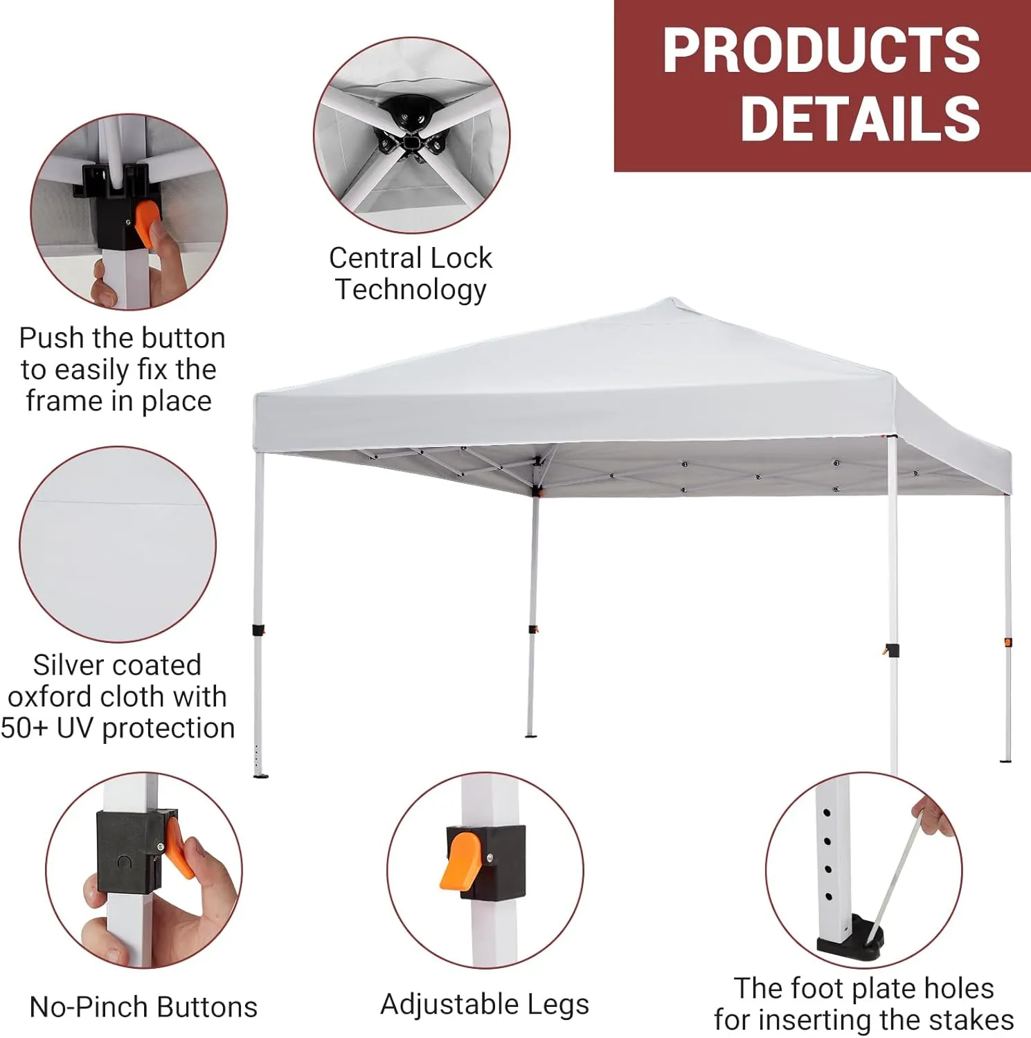 10x10 Pop Up Canopy with Ten, Beach Tent with One Push Setup, Waterproof Outdoor Beach Canopy, Pop-Up Sun Shelter Canopy with Wheeled Bag for Parties, Beach, Outdoor, White