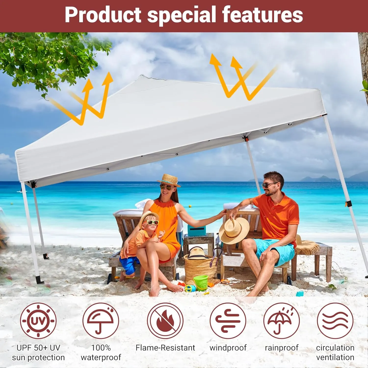 10x10 Pop Up Canopy with Ten, Beach Tent with One Push Setup, Waterproof Outdoor Beach Canopy, Pop-Up Sun Shelter Canopy with Wheeled Bag for Parties, Beach, Outdoor, White