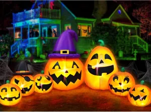 12 FT Extra Long Seven Halloween Inflatables Pumpkins with 2 Witch Hats Outdoor Decorations with Build-in LED Lights, Blow Up Pumpkins Yard Halloween Decor Holiday Party Indoor, Outside, Garden, Lawn