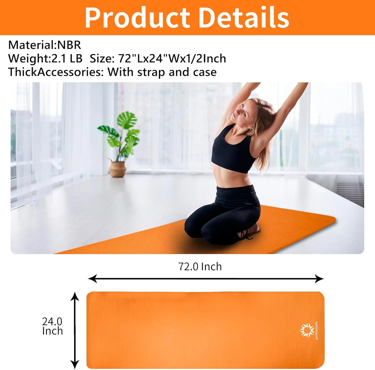 1/2 Thick Exercise Mat with Carry Strap & Case Mat for Yoga Pilates Fitness at Home and Gym 72" L x 24" W