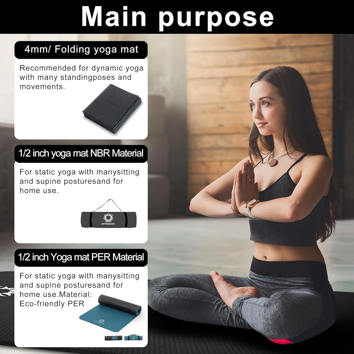 1/2 Thick Exercise Mat with Carry Strap & Case Mat for Yoga Pilates Fitness at Home and Gym 72" L x 24" W
