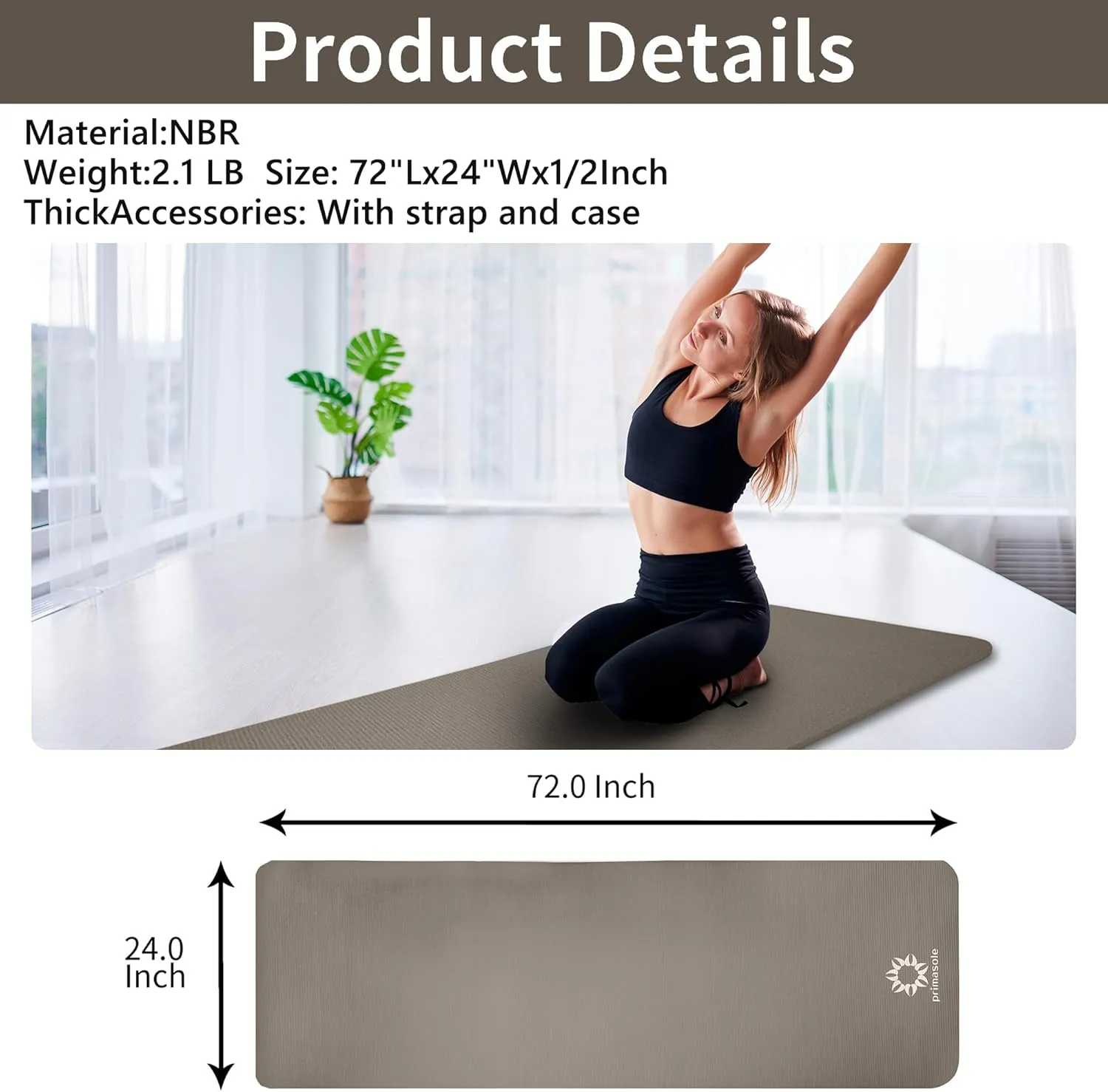 1/2 Thick Exercise Mat with Carry Strap & Case Mat for Yoga Pilates Fitness at Home and Gym 72" L x 24" W