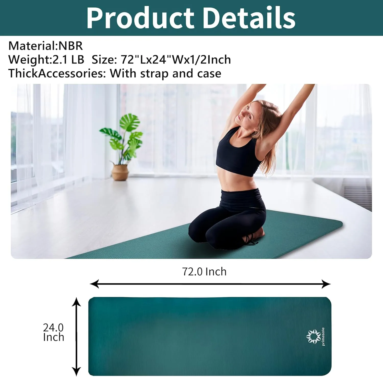 1/2 Thick Exercise Mat with Carry Strap & Case Mat for Yoga Pilates Fitness at Home and Gym 72" L x 24" W