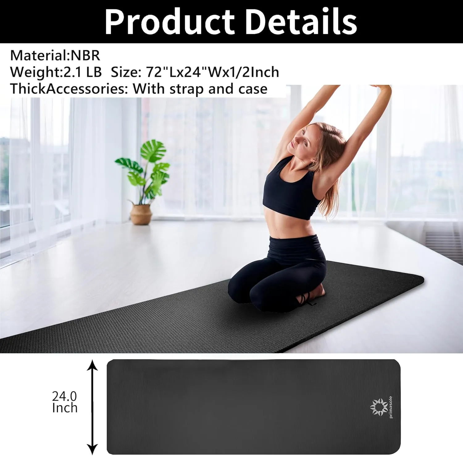 1/2 Thick Exercise Mat with Carry Strap & Case Mat for Yoga Pilates Fitness at Home and Gym 72" L x 24" W