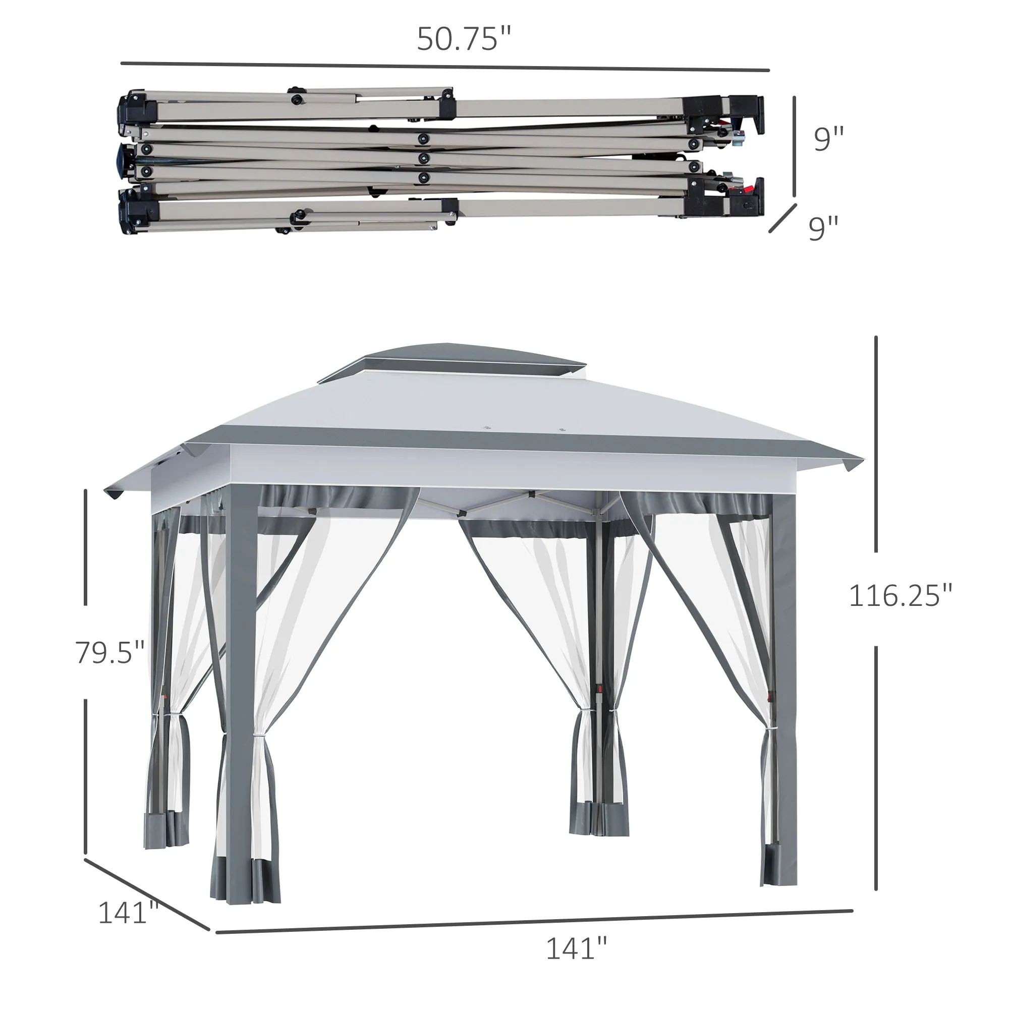 12' x 12' Canopy Tent with Netting, Instant Setup, Adjustable Height, Gray