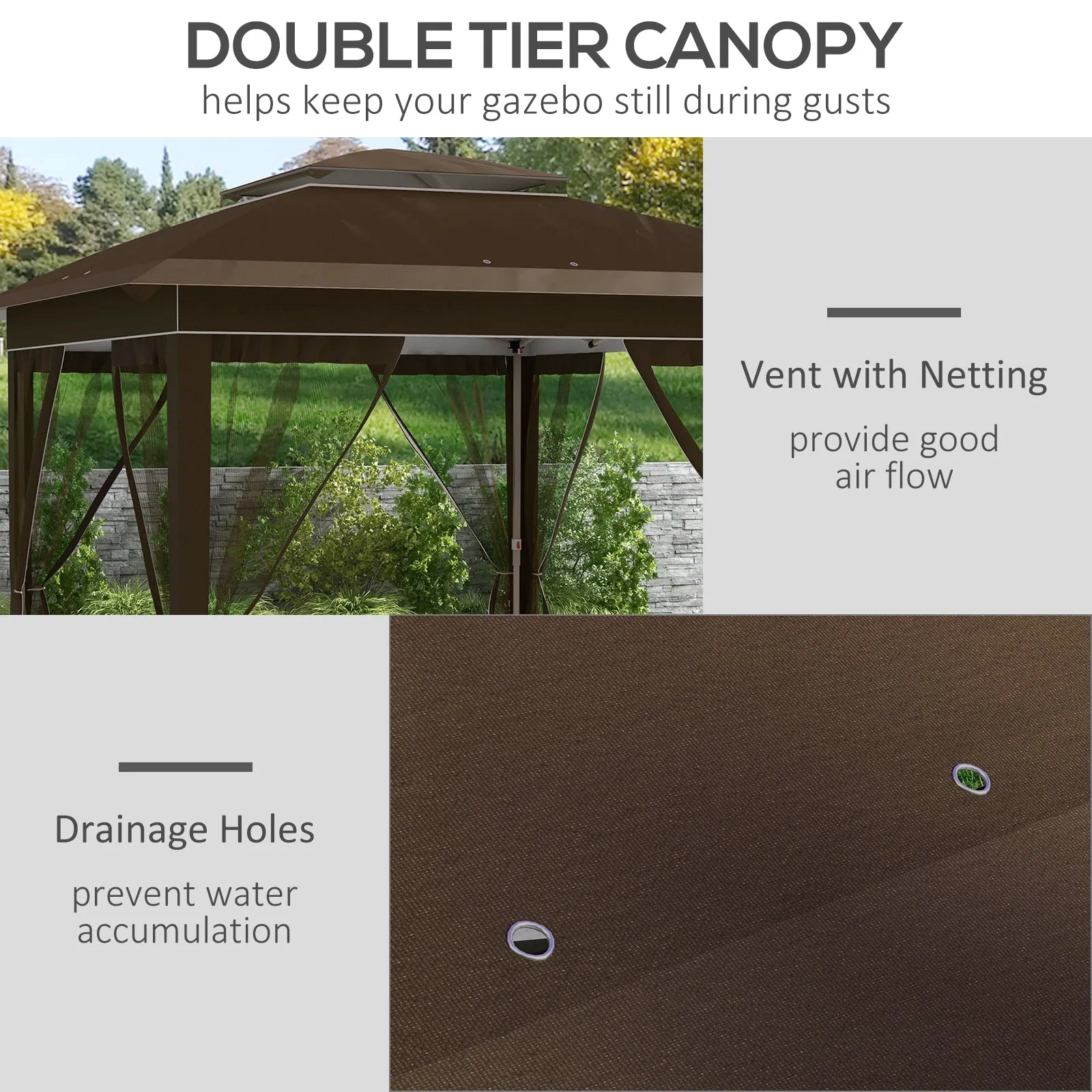 12' x 12' Pop-Up Canopy Tent with Netting & Carry Bag, Instant Shelter, 137 sq.ft Shade, Dark Brown