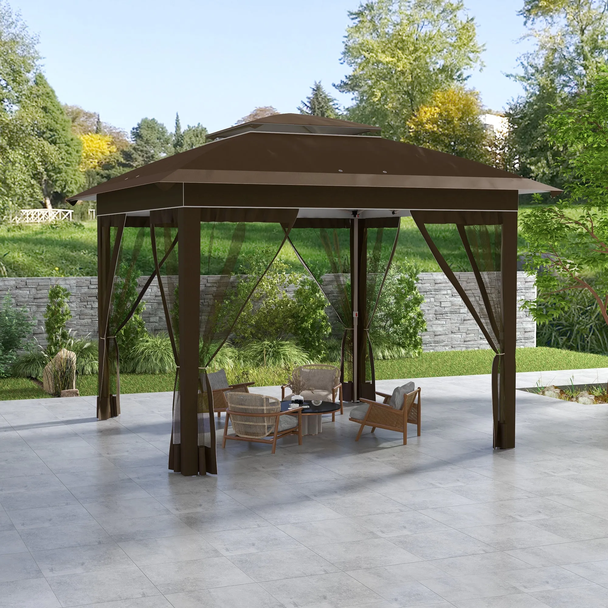 12' x 12' Pop-Up Canopy Tent with Netting & Carry Bag, Instant Shelter, 137 sq.ft Shade, Dark Brown