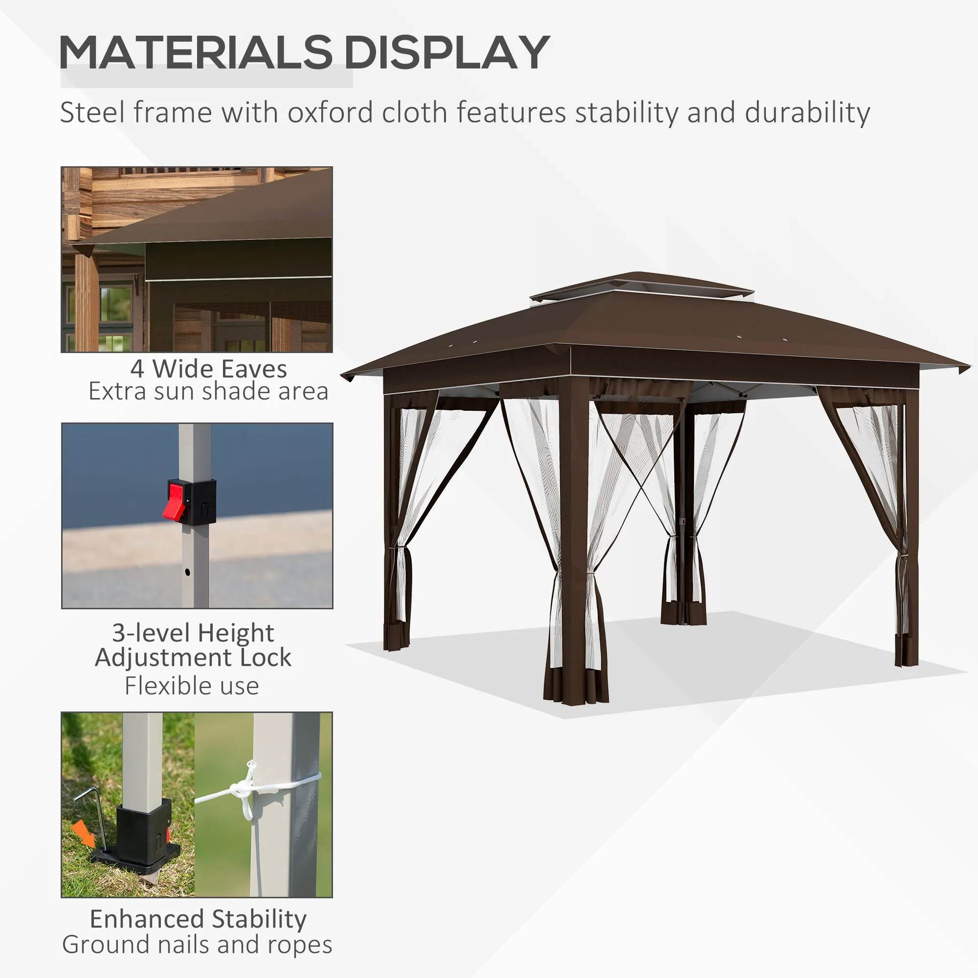 12' x 12' Pop-Up Canopy Tent with Netting & Carry Bag, Instant Shelter, 137 sq.ft Shade, Dark Brown