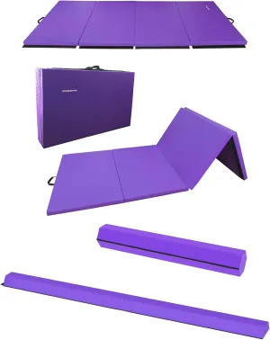 120 x 48 Inch All Purpose Exercise Mat Bundled with 8 Foot Balance Beam Foldable Gymnastic Activity Set, Purple