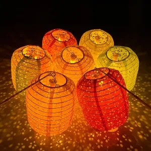 12Pcs Chinese Paper Lanterns with LED Lights, Hollow Out Hanging Asia Japanese Paper Lamps with Tassels Walking Sticks 8 In Lantern for Chinese New Year Lanterns Decorations(oval-shaped)