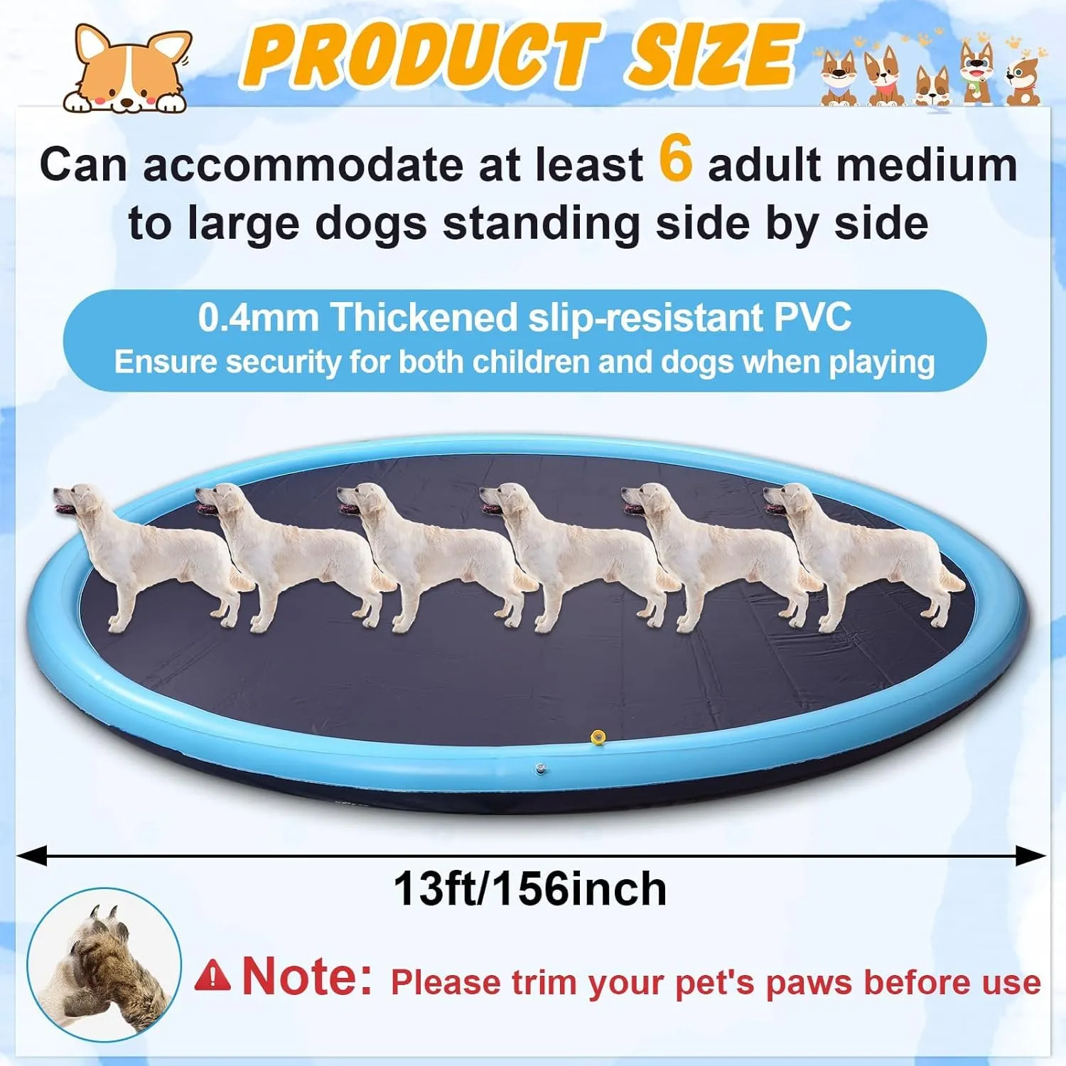 13 ft Giant Inflatable Splash Pad Extra Large 156" 2025 Update Non Slip Pad for Adults Large Dogs Pets Giant Thicken Sprinkler Pool Summer Outdoor Fun Backyard Fountain Play Mat (Classic Style)