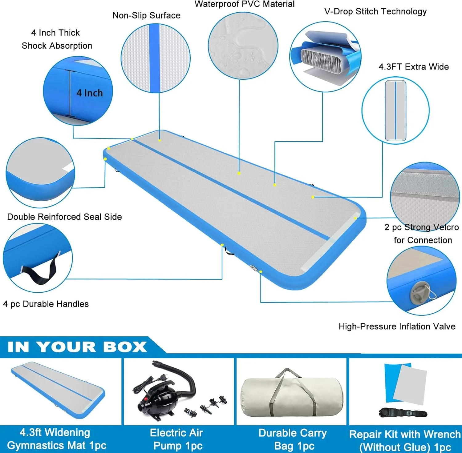13ft/16ft/20ft Inflatable Air Gymnastics Mat Training Mats 4.3ft Widening 4 inches Thickness Gymnastics Tracks with Electric Air Pump for Home Use/Training/Cheerleading/Yoga/Water