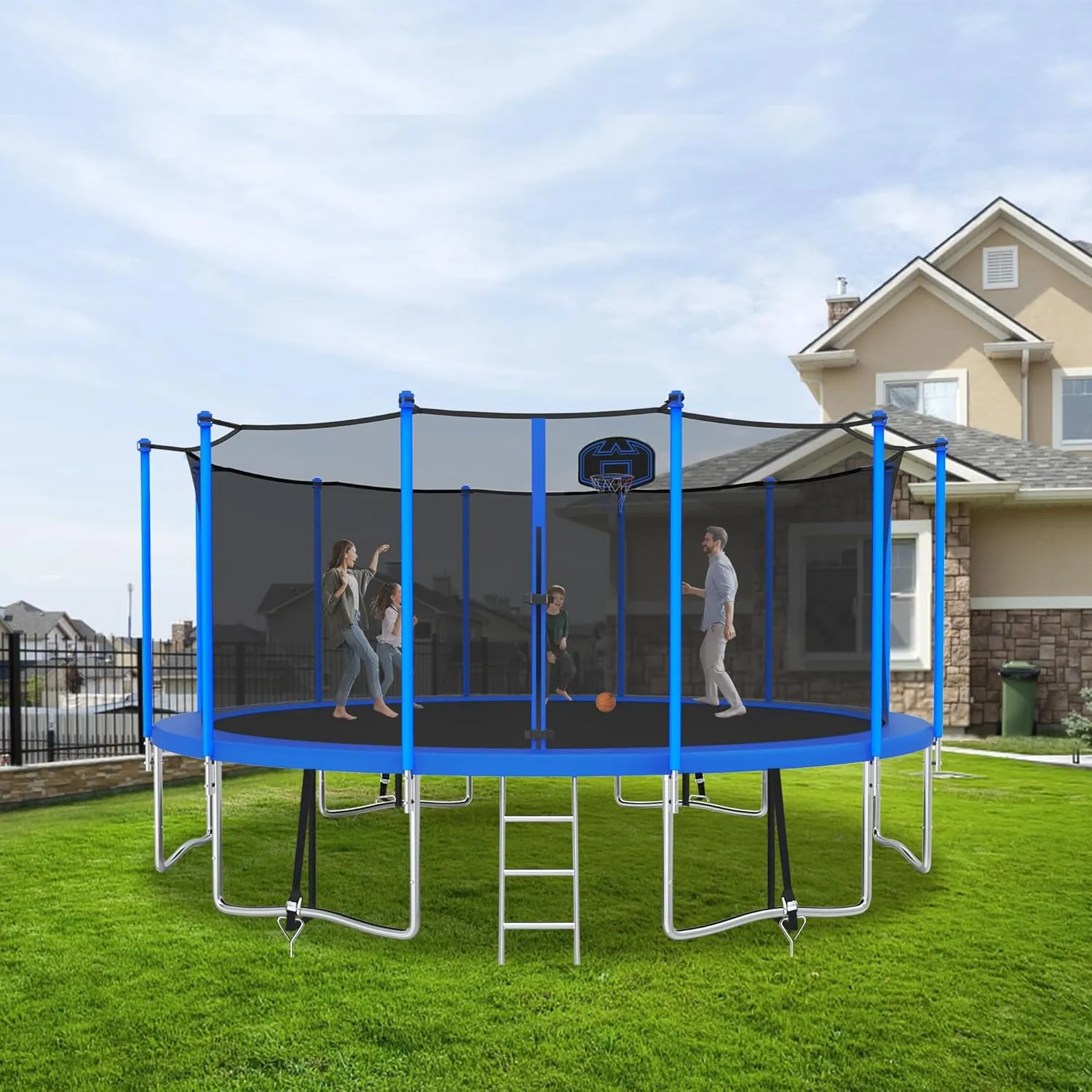 1500LBS 8 10 12 14 15 16 FT Tranpoline for Adults/Kids with Safety Enclosure Net, Basketball Hoop, Ball, Wind Stakes and Ladder, Heavy Duty Outdoor Recreational Tranpolines for Family