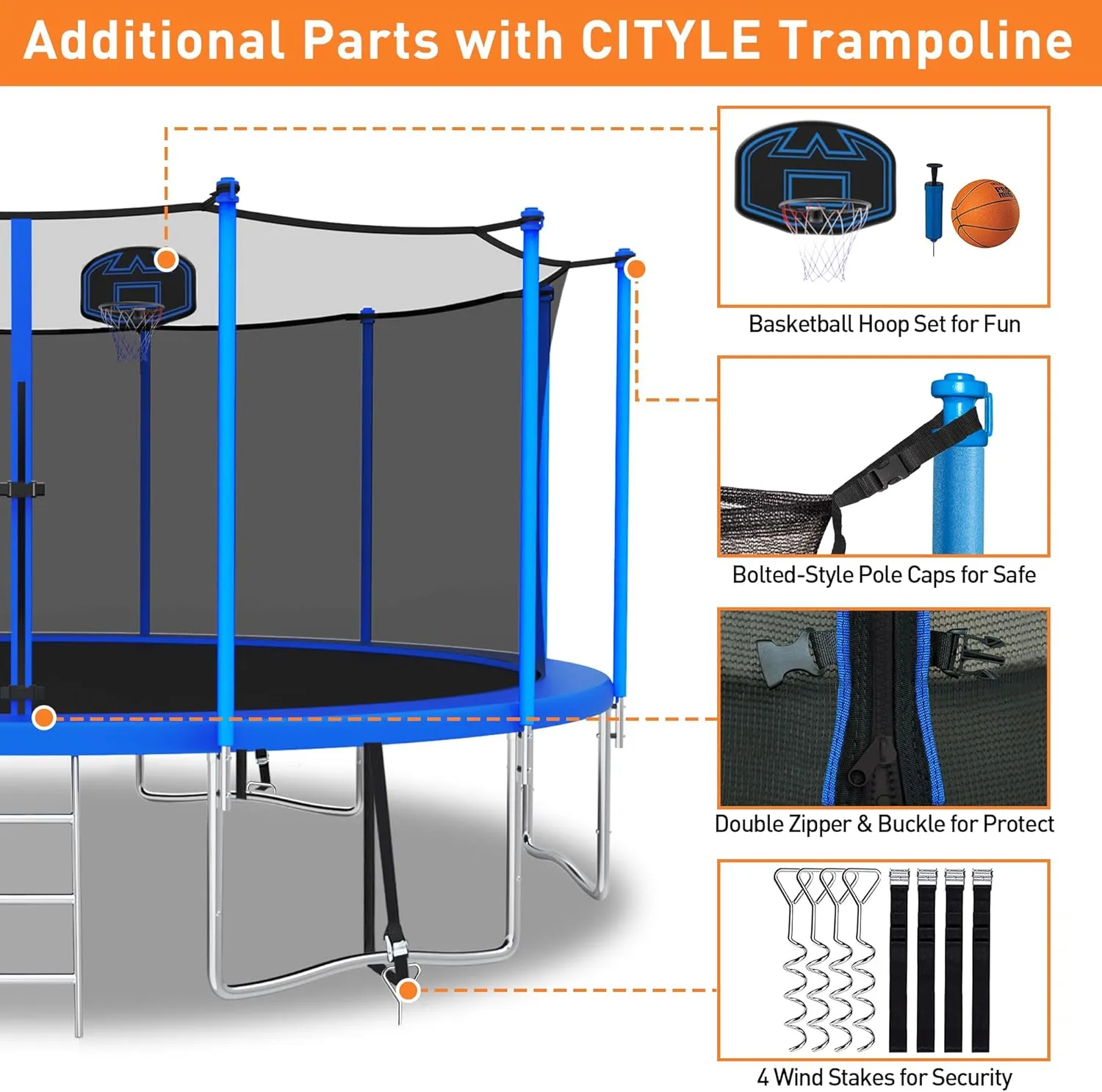 1500LBS 8 10 12 14 15 16 FT Tranpoline for Adults/Kids with Safety Enclosure Net, Basketball Hoop, Ball, Wind Stakes and Ladder, Heavy Duty Outdoor Recreational Tranpolines for Family