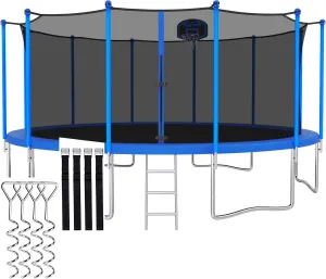 1500LBS 8 10 12 14 15 16 FT Tranpoline for Adults/Kids with Safety Enclosure Net, Basketball Hoop, Ball, Wind Stakes and Ladder, Heavy Duty Outdoor Recreational Tranpolines for Family