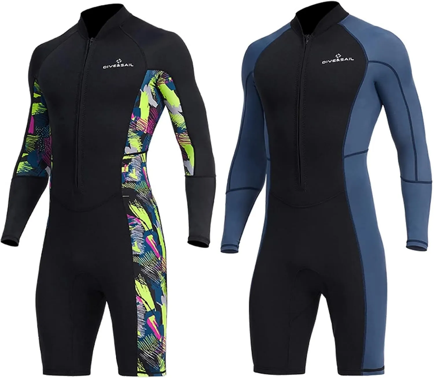 1.5mm Neoprene Shorty Mens Wetsuit UV-Proof Front Zip Lycra Long Sleeves Diving Suit for Underwater Snorkeling Swimming Surfing