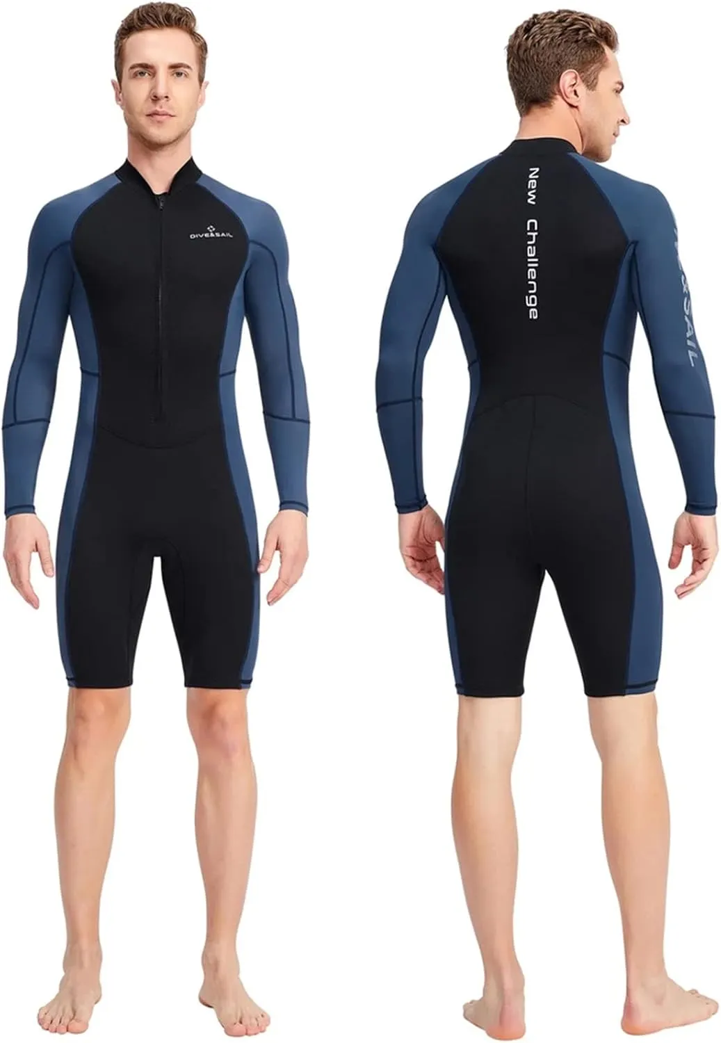 1.5mm Neoprene Shorty Mens Wetsuit UV-Proof Front Zip Lycra Long Sleeves Diving Suit for Underwater Snorkeling Swimming Surfing