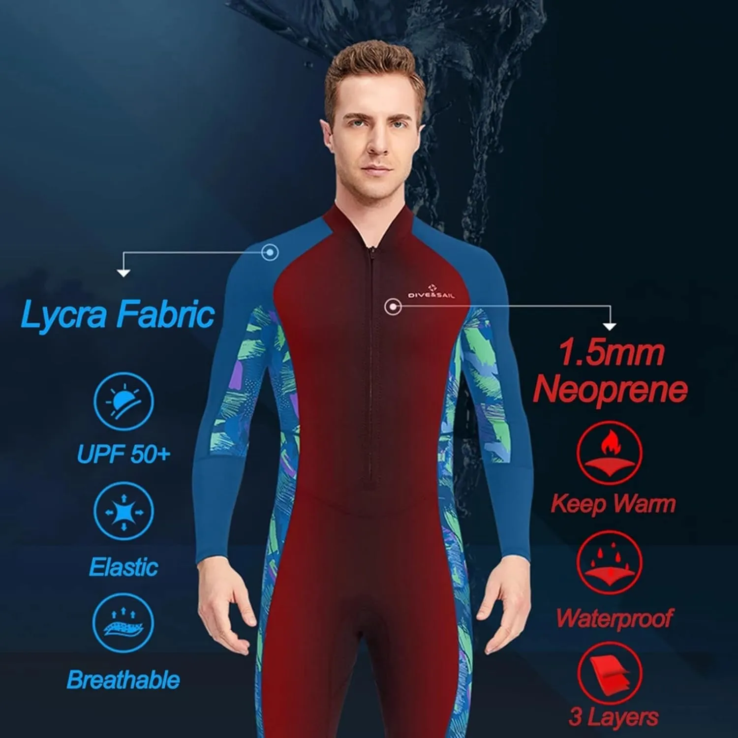 1.5mm Neoprene Shorty Mens Wetsuit UV-Proof Front Zip Lycra Long Sleeves Diving Suit for Underwater Snorkeling Swimming Surfing