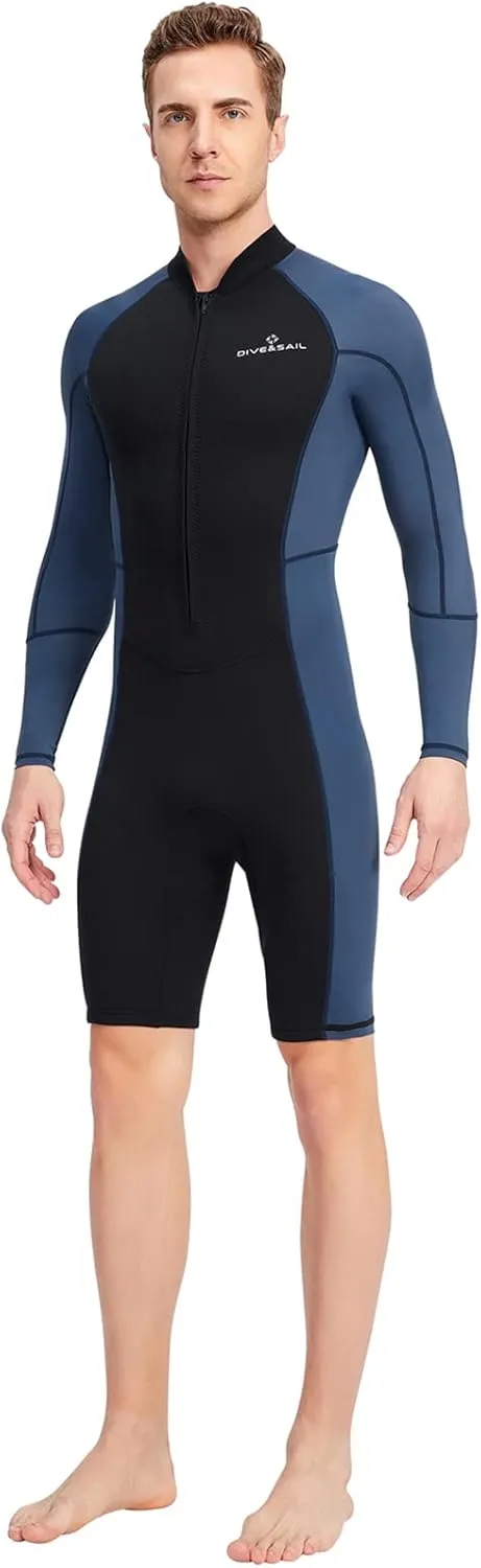 1.5mm Neoprene Shorty Mens Wetsuit UV-Proof Front Zip Lycra Long Sleeves Diving Suit for Underwater Snorkeling Swimming Surfing