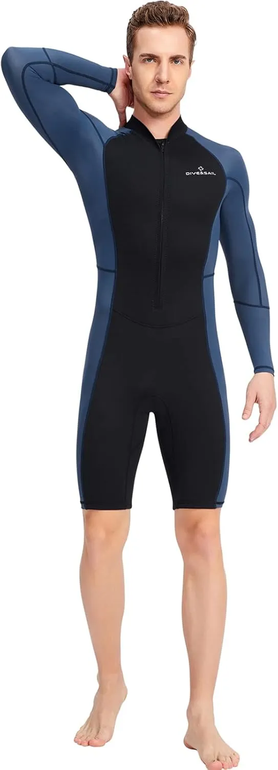 1.5mm Neoprene Shorty Mens Wetsuit UV-Proof Front Zip Lycra Long Sleeves Diving Suit for Underwater Snorkeling Swimming Surfing