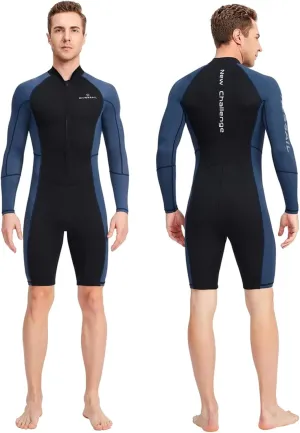 1.5mm Neoprene Shorty Mens Wetsuit UV-Proof Front Zip Lycra Long Sleeves Diving Suit for Underwater Snorkeling Swimming Surfing,A,XL