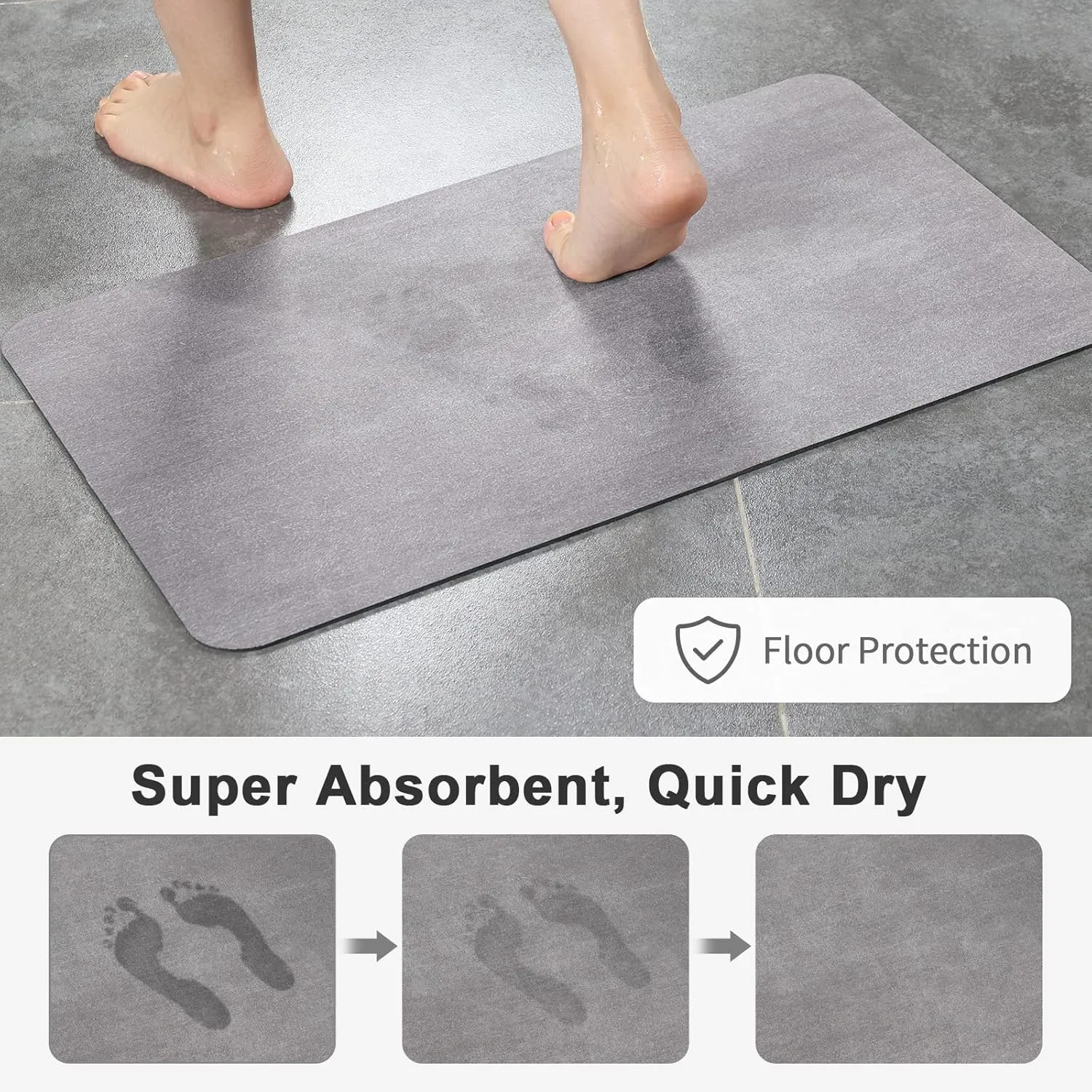17''x29.5''Stiio Bath Mats for Bathroom, Super Absorbent Quick drying, Rubber Non Slip Thin Bathroom Rugs Fit Under Door, Easy Clean Washable Shower Mat for Bathtub, Sink, 17x29.5 in Grey
