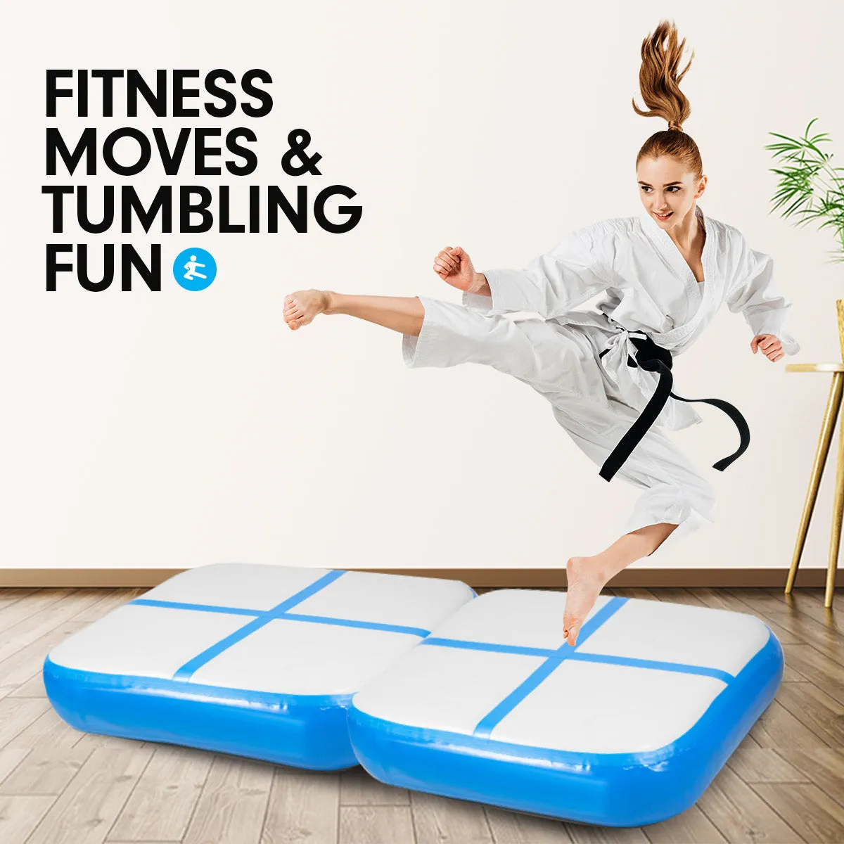 1m Air Block Inflatable Gymnastics Tumbling Mat with Pump - Blue