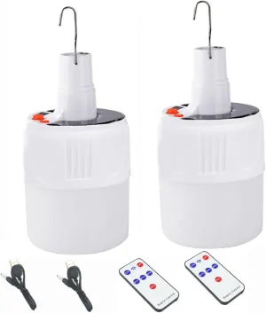 2 in 1 Solar Lamp LED Remote Control Camping LED Blub Tent Lantern Lights 5 Mode USB Rechargeable Portable Tent Hanging Hook Flashlight Outdoor Fishing Emergency Courtyard Power Outage 2 Pack
