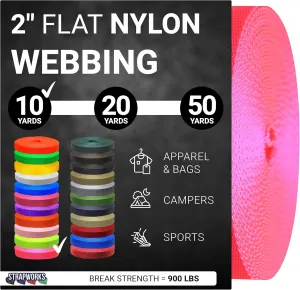 2 Inch Heavy Duty Nylon Webbing Strap Roll for Belt, Backpack, Sling, Collar, Leash, Strapping and More, 10, 20, or 50 Yards, Over 20 Colors