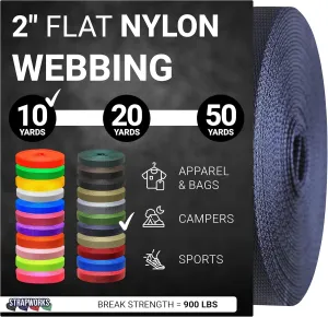 2 Inch Heavy Duty Nylon Webbing Strap Roll for Belt, Backpack, Sling, Collar, Leash, Strapping and More, 10, 20, or 50 Yards, Over 20 Colors