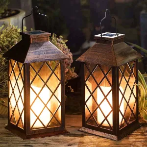 [2 Pack] TAKE ME 14" Solar Lantern Outdoor Garden Hanging Lantern Waterproof LED Flickering Flameless Candle Mission Lights for Table,Outdoor，Mothers Day Gifts Mom Wife