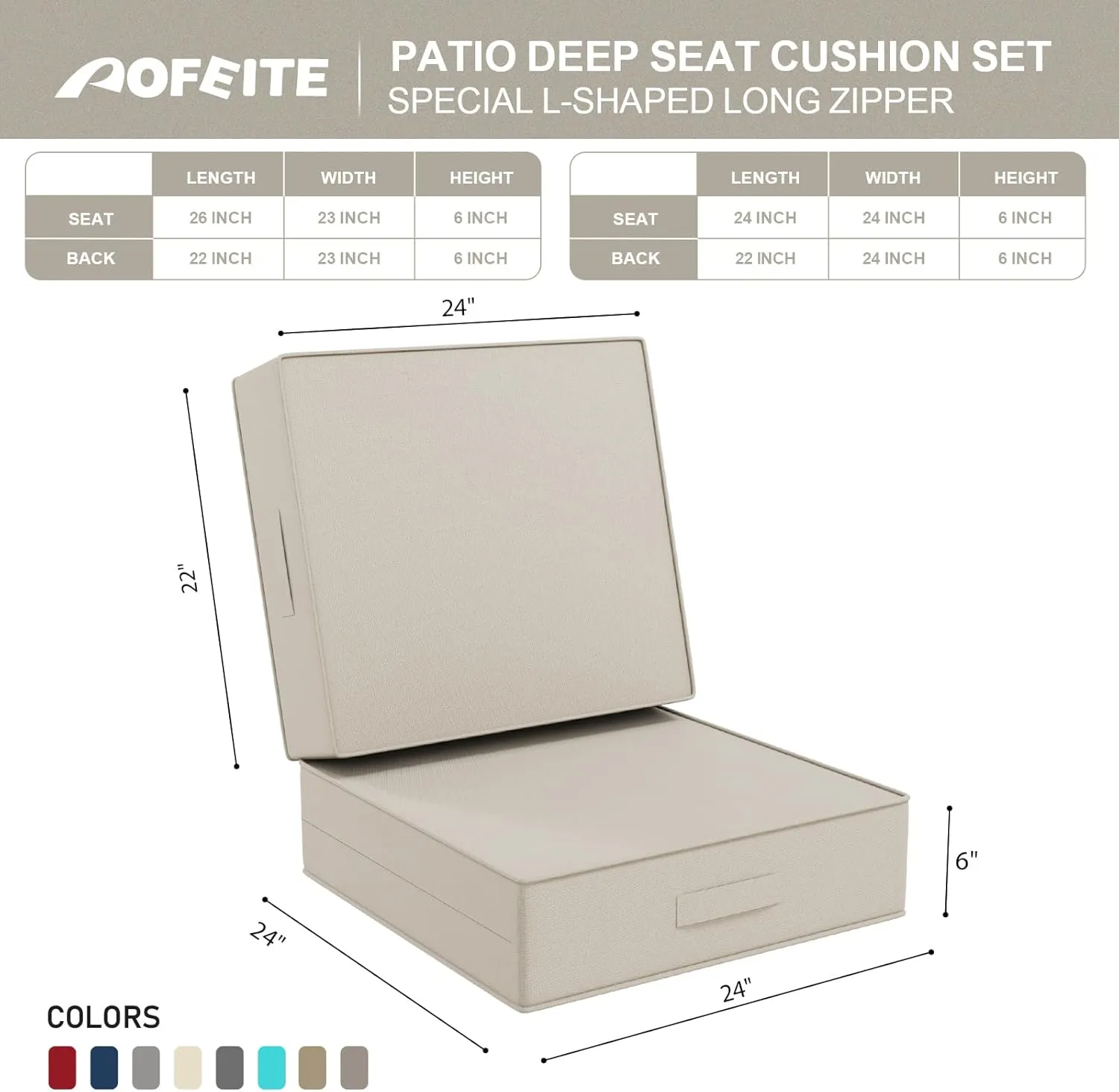 2 PCS Outdoor Water-Resistant Olefin Deep Seat Cushion Set, 24 x 24 x 6 Inch Weather and Fade Resistant Patio Furniture Chair Cushion, Thickened Sofa Seat Pad with Straps, Gray Apricot