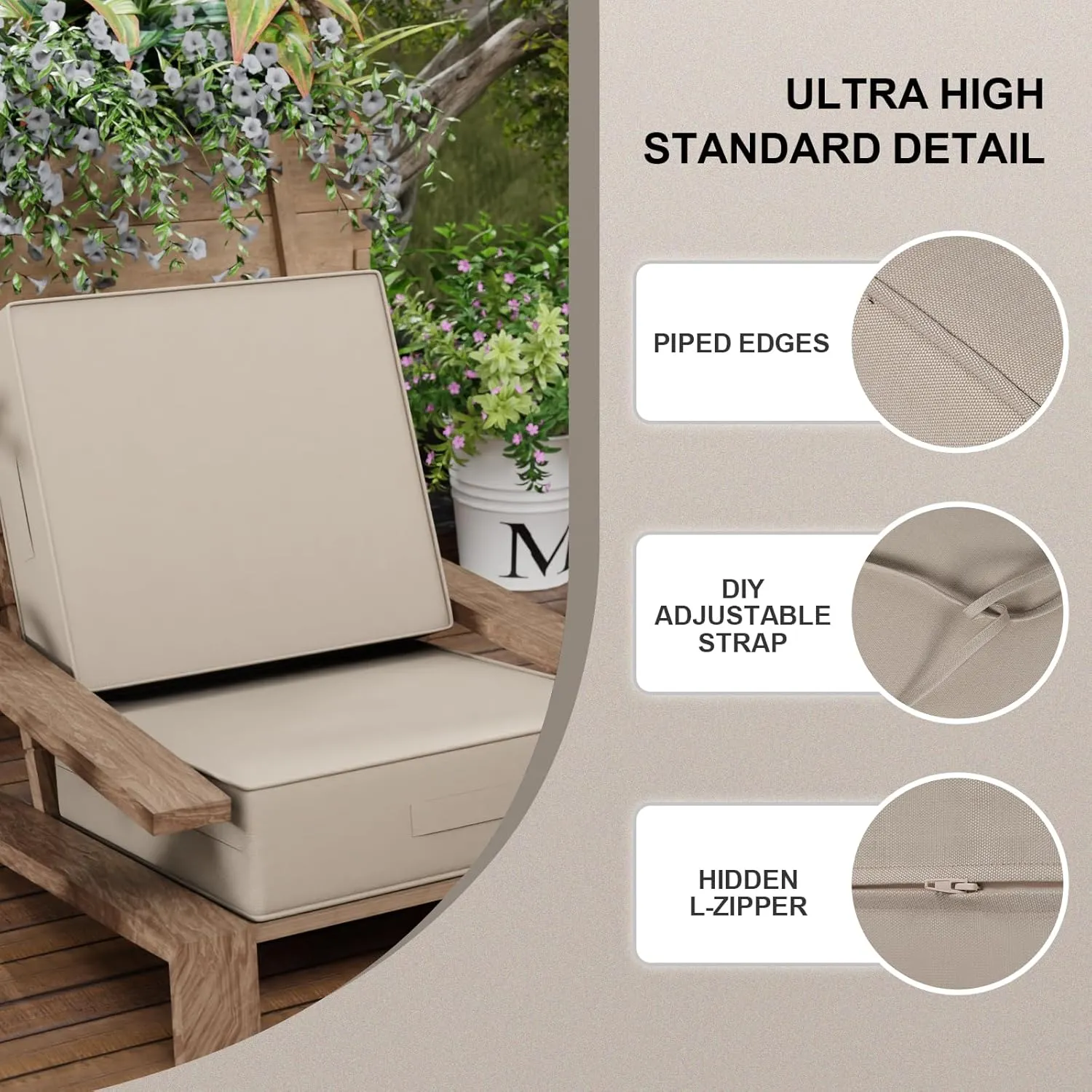 2 PCS Outdoor Water-Resistant Olefin Deep Seat Cushion Set, 24 x 24 x 6 Inch Weather and Fade Resistant Patio Furniture Chair Cushion, Thickened Sofa Seat Pad with Straps, Gray Apricot
