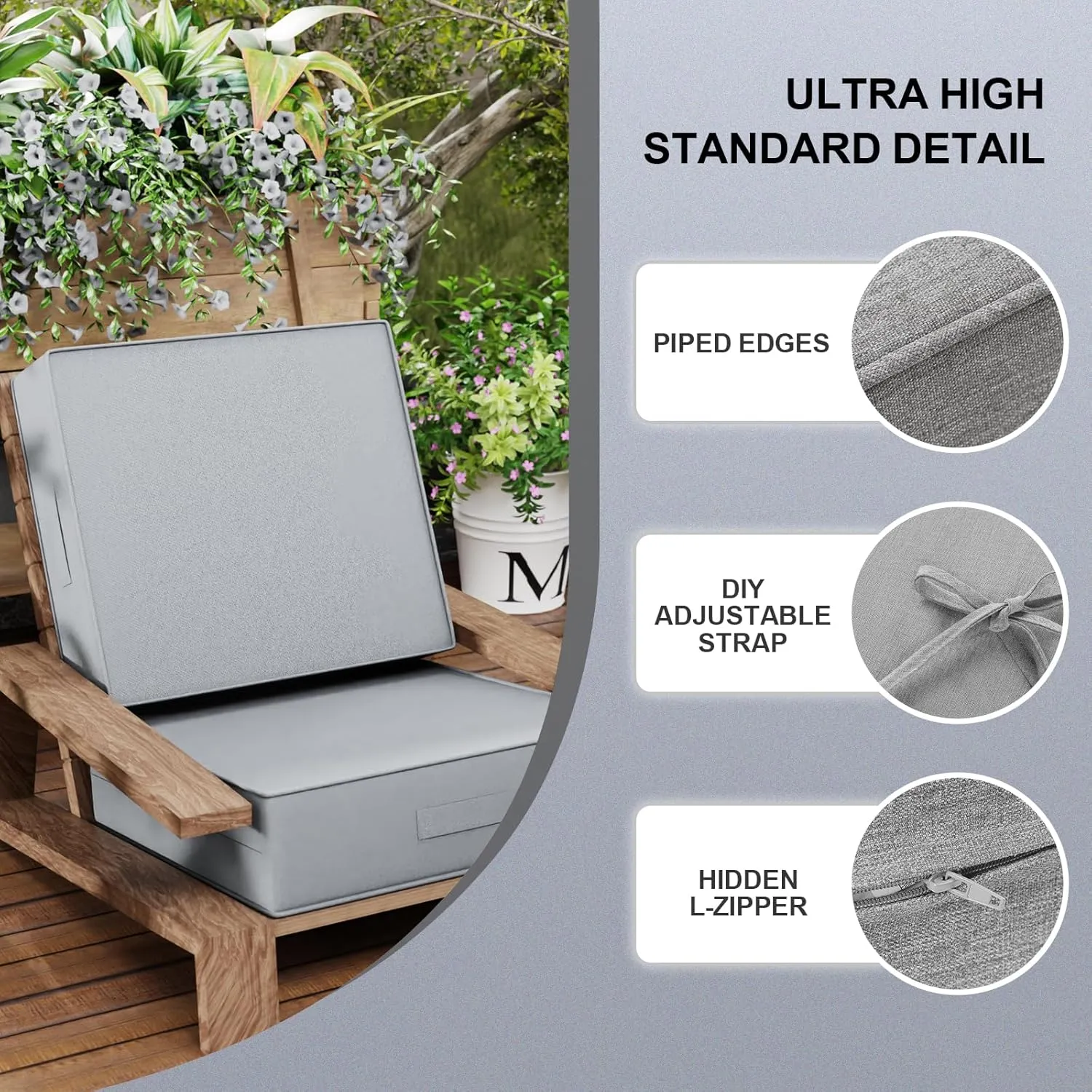 2 PCS Outdoor Water-Resistant Olefin Deep Seat Cushion Set, 24 x 24 x 6 Inch Weather and Fade Resistant Patio Furniture Chair Cushion, Thickened Sofa Seat Pad with Straps, Light Gray