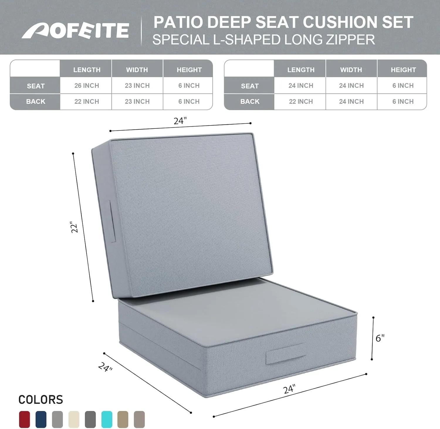 2 PCS Outdoor Water-Resistant Olefin Deep Seat Cushion Set, 24 x 24 x 6 Inch Weather and Fade Resistant Patio Furniture Chair Cushion, Thickened Sofa Seat Pad with Straps, Light Gray