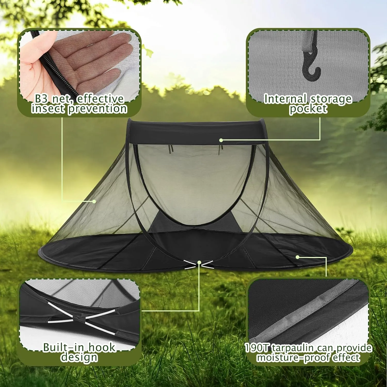 2 Pcs Pop up Mosquito Tent Outdoor for Camping One Person Bug Net Pop up Screen Tents Foldable Portable Waterproof Freestanding Insect Net for Summer Camp Bed Camping(Black)