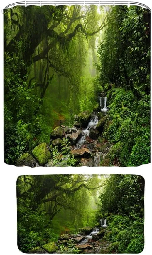 2 Pcs Tropical Rainforest Shower Curtain Sets,Green Forest Jungle Stream Exotic Plants Primeval Botanical Nature Landscape 70"x 70" Bathroom Curtain with 12 Hooks and 16"x 24" Bath Rugs