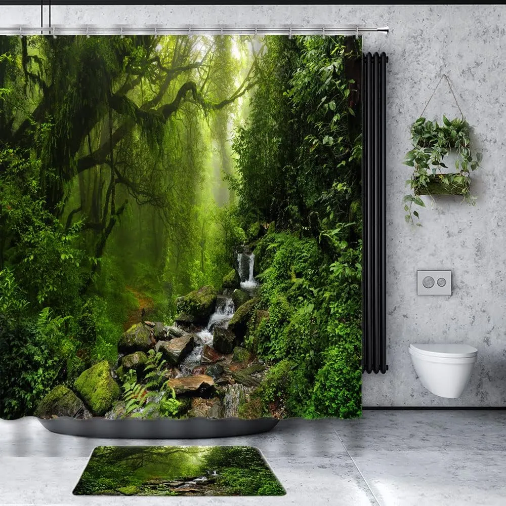 2 Pcs Tropical Rainforest Shower Curtain Sets,Green Forest Jungle Stream Exotic Plants Primeval Botanical Nature Landscape 70"x 70" Bathroom Curtain with 12 Hooks and 16"x 24" Bath Rugs