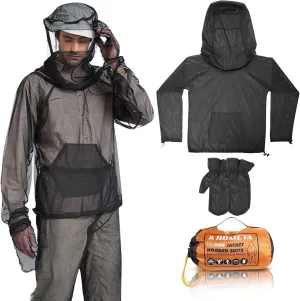 2-Piece Net Suit L/XL, Zippered Hood Jacket & Gloves Set, Thickened Breathable Mesh, Adjustable Fit for Upper Body Protection, Unisex Lightweight Outdoor Gear for Camping, Fishing, Hiking, Gardening
