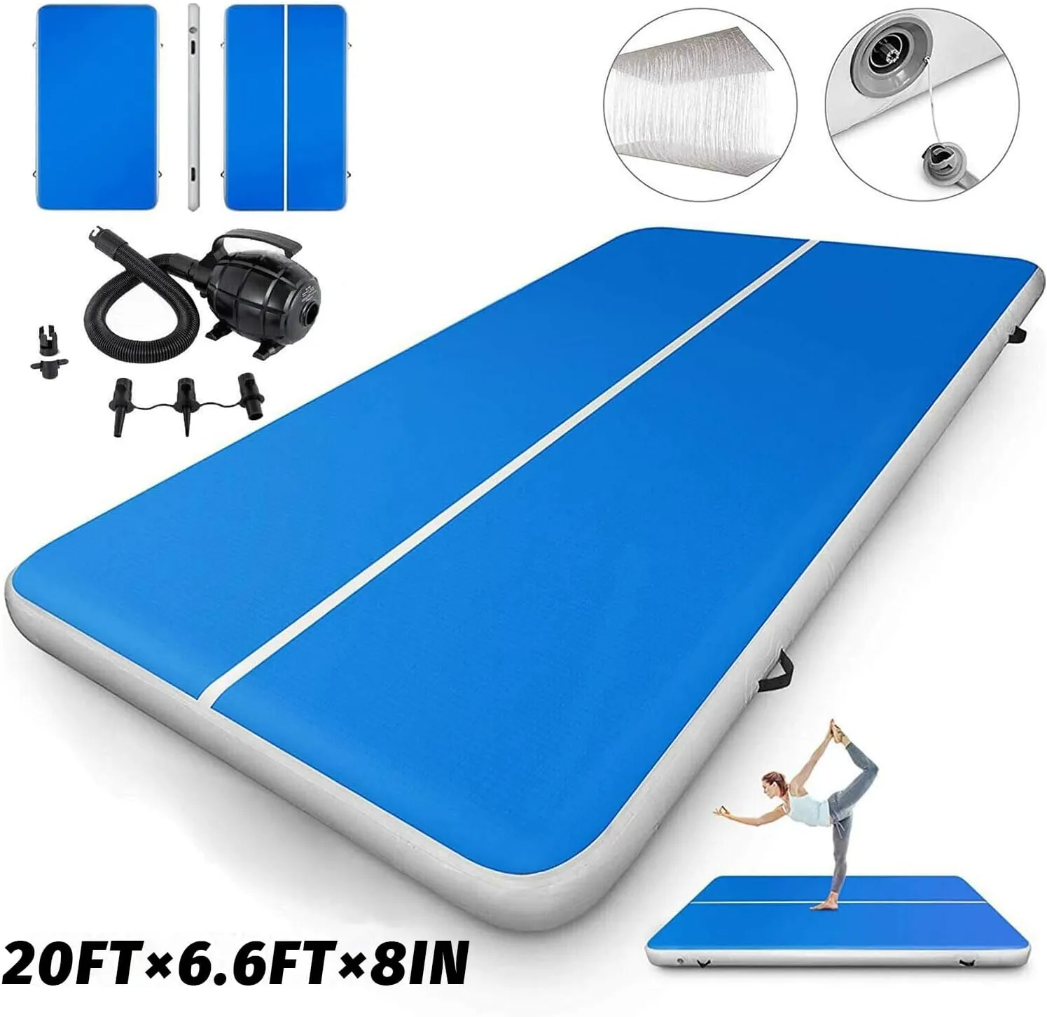 20FTx6.6FT x8 inches Air Gymnastics Track Mat Thickness Gymnastics Tumbling Air Mat Inflatable Tumble Track with Electric Air Pump, for Gym/Training/Yoga/Home use/Exercise/Cheerleading/Water