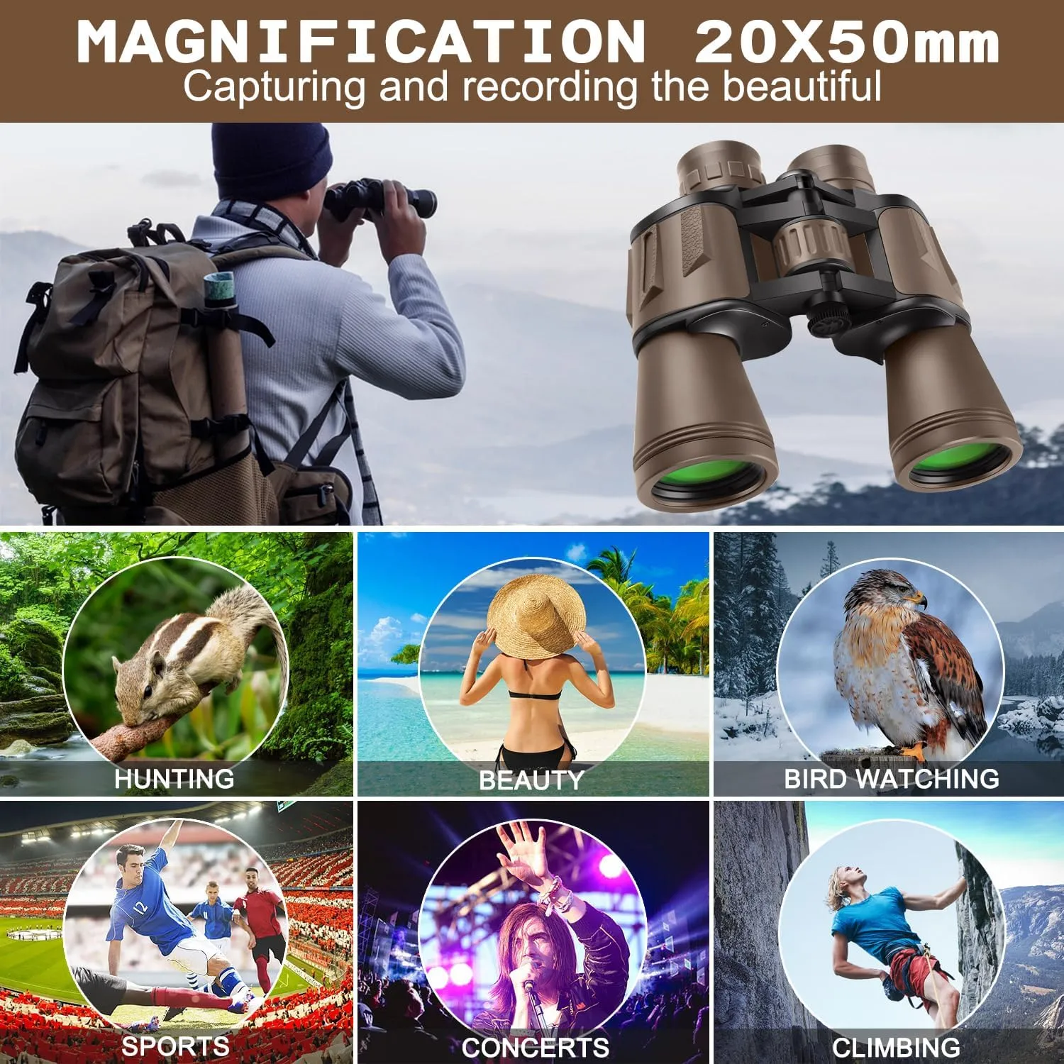 20x50 High Power Binoculars for Adults with Smartphone Adapter, HD Professional/Daily Waterproof Compact Binoculars for Bird Watching Hiking Concert Travel with BAK4 Prism FMC Lens, Mud