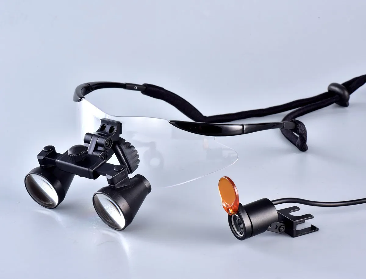 (2.5X 3X 3.5X Optional) Songzi Optics Black Frame Binocular Surgical Dental Loupes and Led Headlight Come with a Yellow Fliter (Working Distance :(360-460 mm) R, Magnification 3.5X)