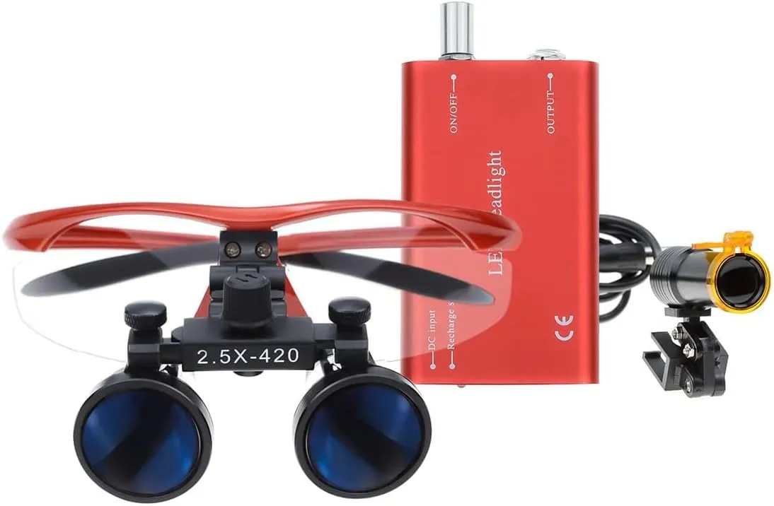 2.5X Binocular Loupes Glasses Magnifier with 5W LED Headlight Lamp Filter Aluminum Box (Red)
